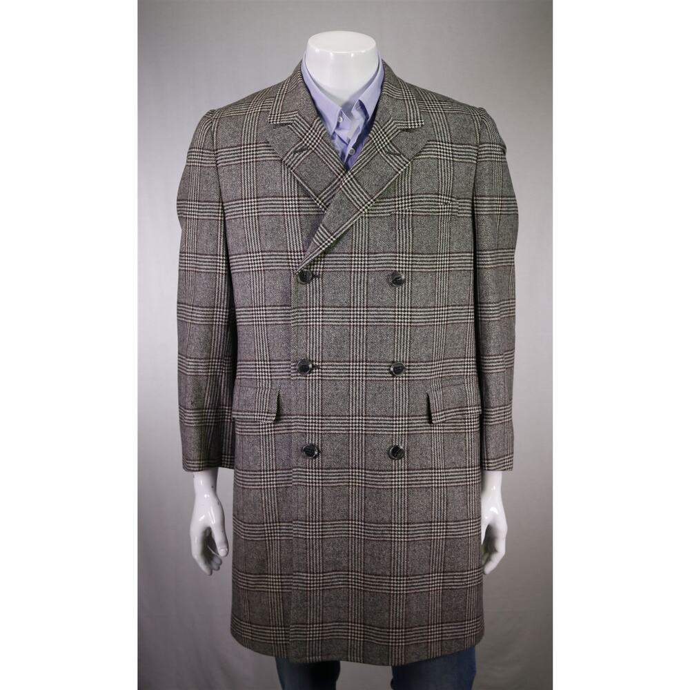 Raleigh Haberdasher Vintage Black White Plaid Double Breasted Overcoat Wool 40R